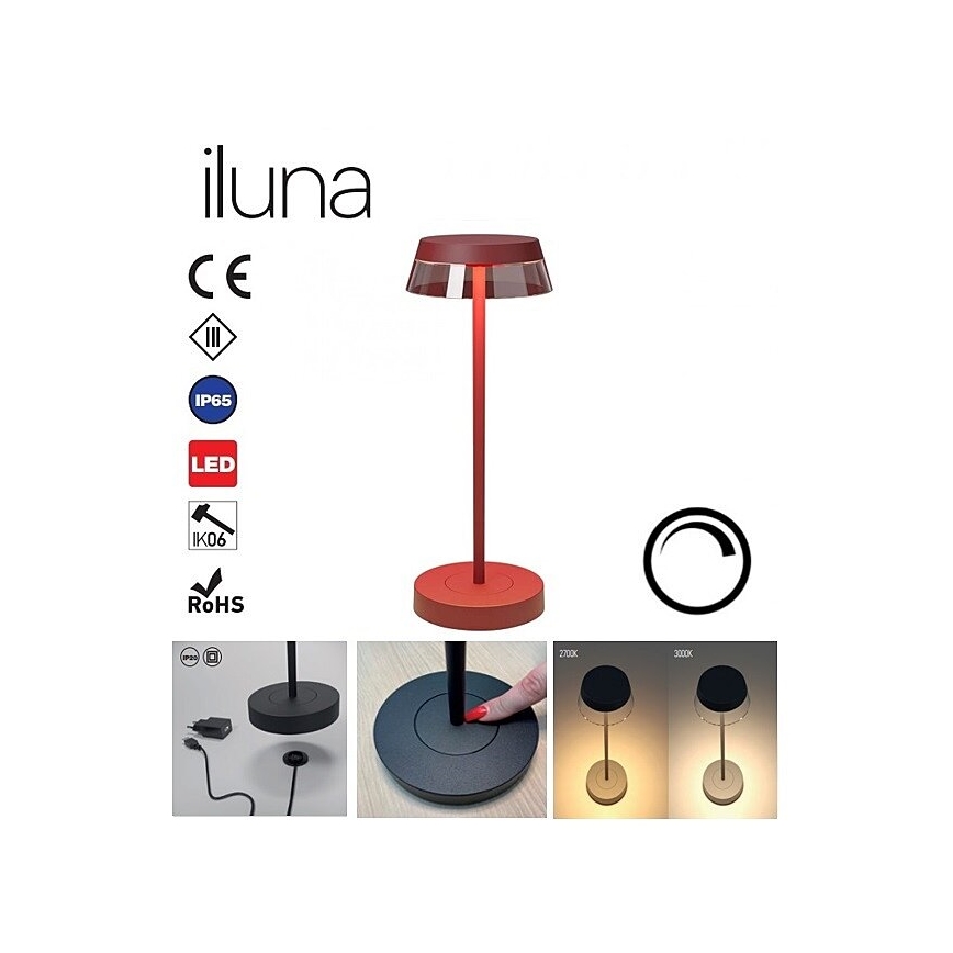 Redo 90311- LED Zatemnitvena namizna svetilka na dotik ILUNA LED/2,5W/5V 2700-3000K 3000 mAh IP65 rdeč