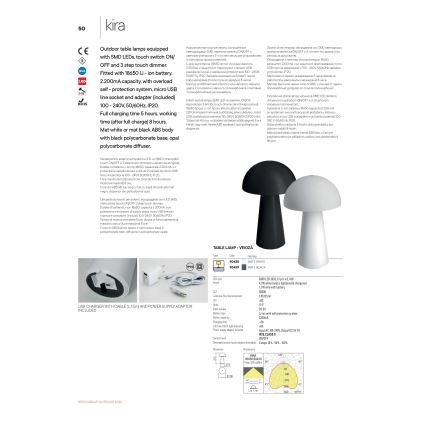 Redo 90439 - Zunanja LED svetilka KIRA, zatemnjevanje na dotik, LED/4,7W/230V, 2200 mAh, IP44, črna