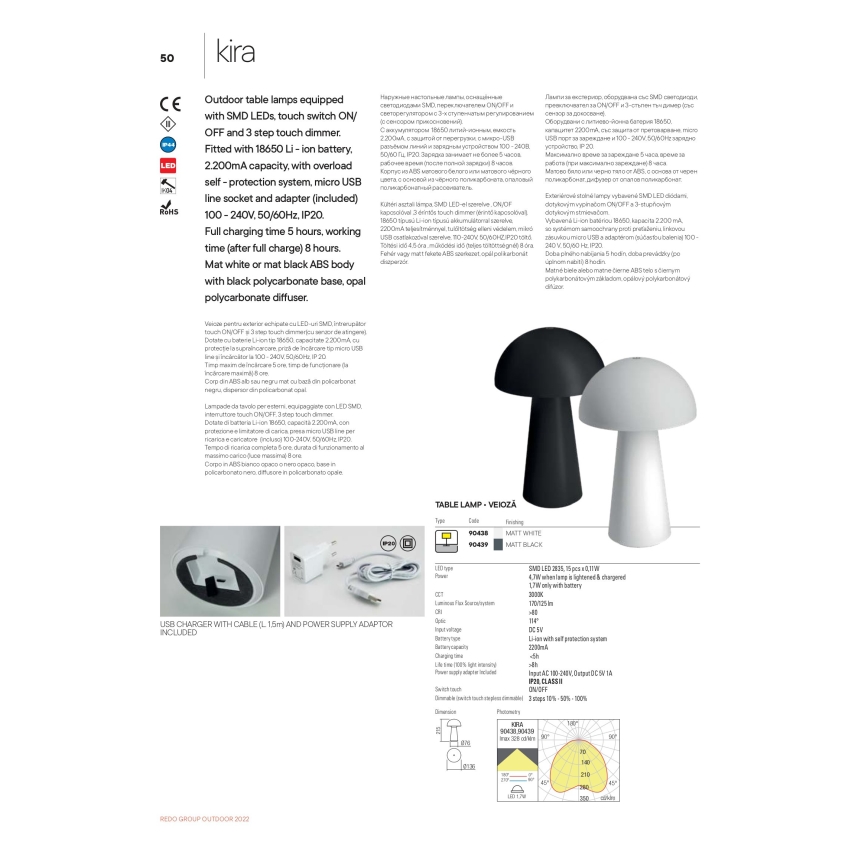 Redo 90439 - Zunanja LED svetilka KIRA, zatemnjevanje na dotik, LED/4,7W/230V, 2200 mAh, IP44, črna