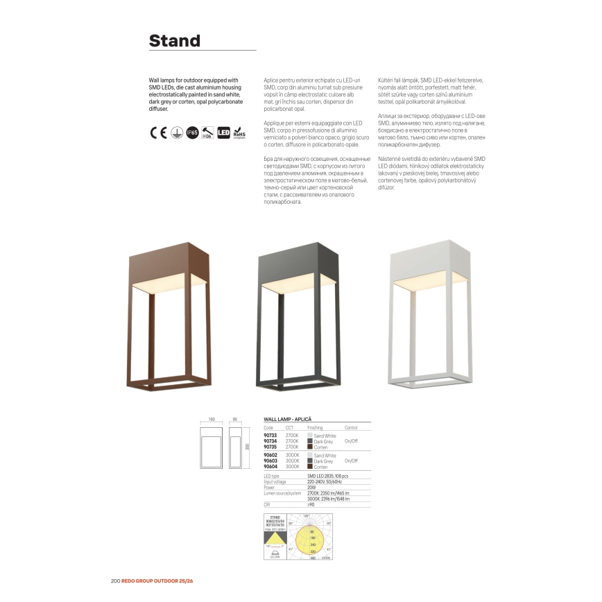 Redo 90603 - LED zunanja stenska svetilka STAND LED/20W/230V 3000K CRI 90 IP65 antracit