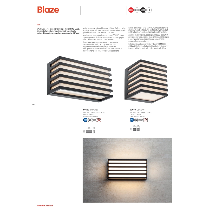 Redo 90639 - LED Zunanja stenska svetilka BLAZE LED/12W/230V 3000K IP54 antracit