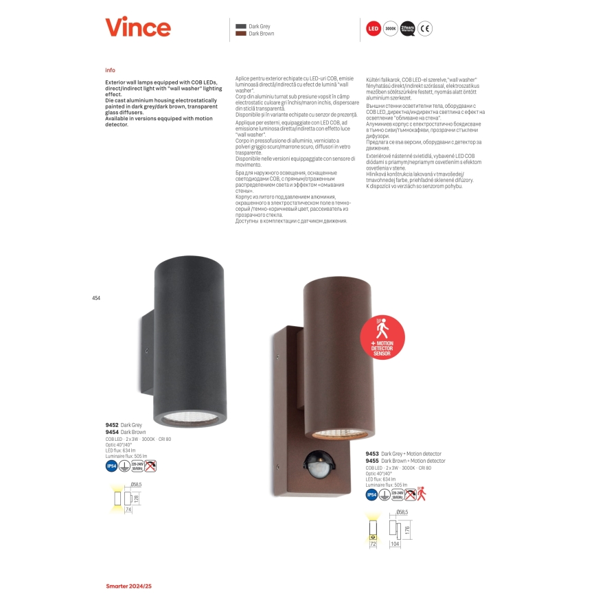 Redo 9453 - LED zunanja stenska svetilka s senzorjem VINCE 2xLED/3W/230V IP54 antracit