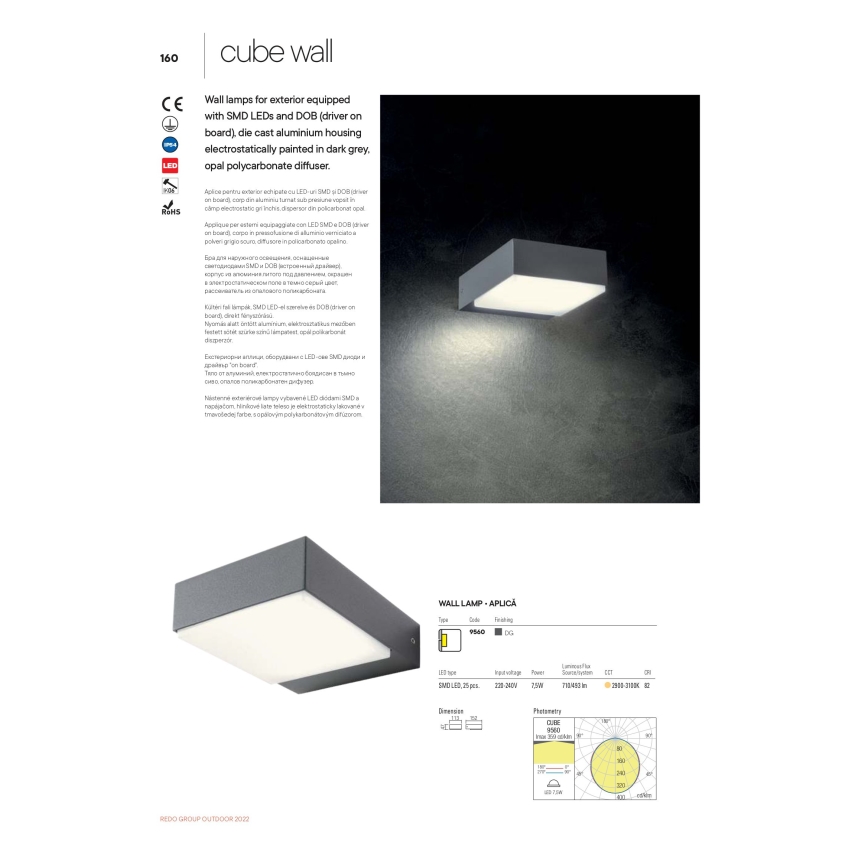 Redo 9560 - LED Zunanja stenska svetilka CUBE LED/7W/230V 3000K IP54 antracit