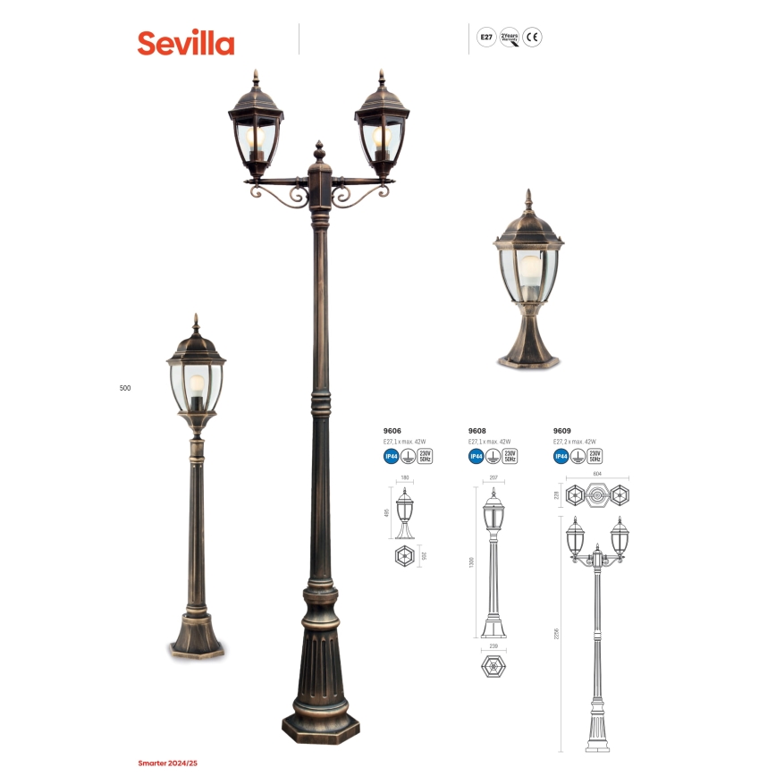 Redo 9609 - Zunanja svetilka SEVILLA 2xE27/42W/230V IP44 zlata/patina