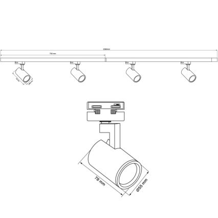 Reflektor za tračni sistem LYNX 4xGU10/10W/230V + 2 x 75 cm tračni sistem črna