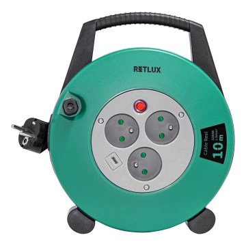 Retlux - Kolutni podaljšek z 3 vtičnicami, tip E, 10 m, zelena/črna