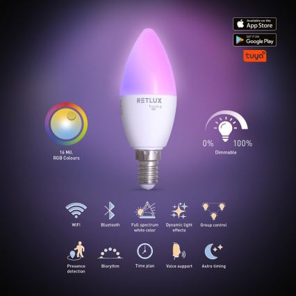 LED RGBW Zatemnitvena žarnica C37 E14/4,5W/230V 2700-6500K Wi-Fi Tuya