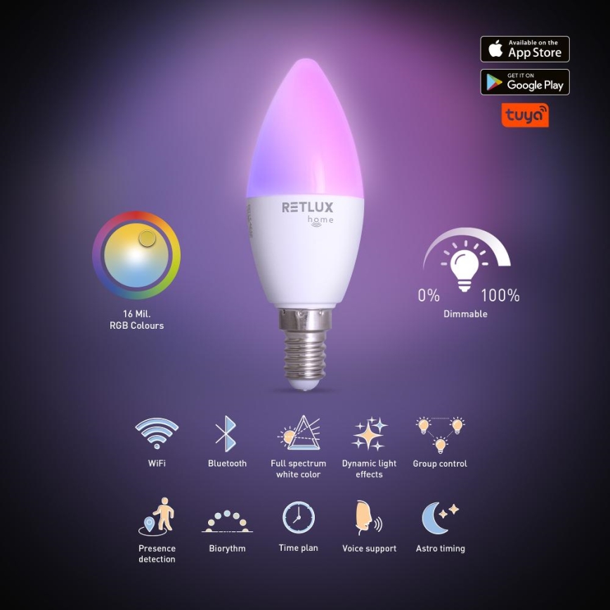 LED RGBW Zatemnitvena žarnica C37 E14/4,5W/230V 2700-6500K Wi-Fi Tuya