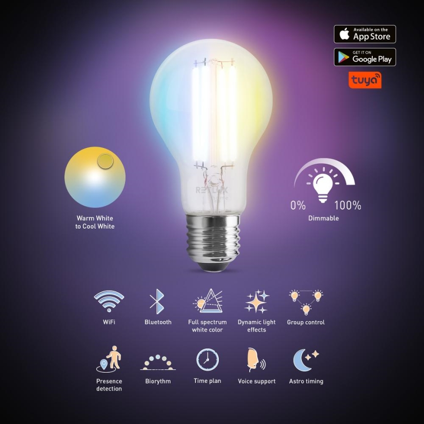 LED Zatemnitvena žarnica FILAMENT A60 E27/7W/230V 2700-6500K Wi-Fi Tuya