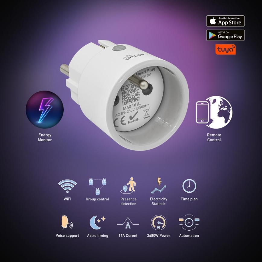 Pametna vtičnica 3680W/230V/Tip E/16A Wi-Fi Tuya