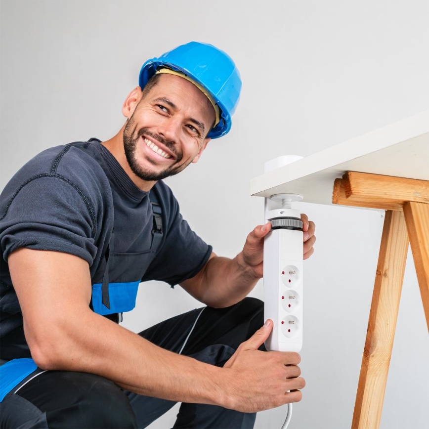 Podaljšek za mizo s sponko, 3 vtičnice (Tip E) + 2xUSB-A + 1xUSB-C, 1,5m, bela