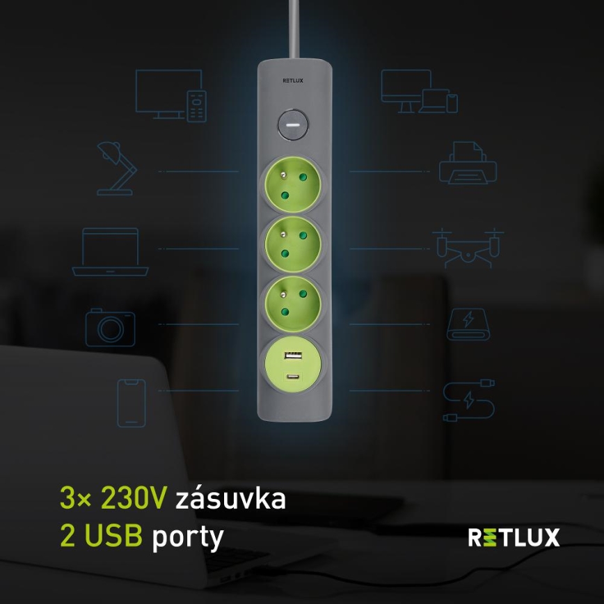 Retlux - Podaljševalni kabel z vklopnim stikalom, 3 vtičnice (tip E) + 1× USB-A + 1× USB-C, 1,4 m, siva