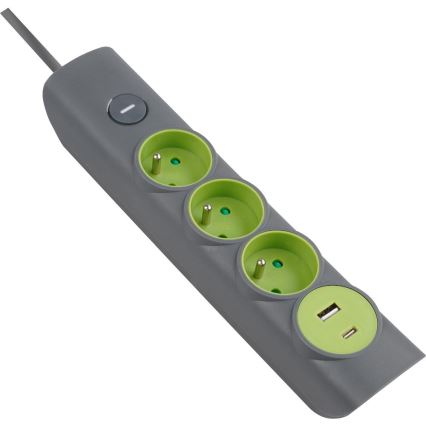 Retlux - Podaljševalni kabel z vklopnim stikalom, 3 vtičnice (tip E) + 1× USB-A + 1× USB-C, 1,4 m, siva