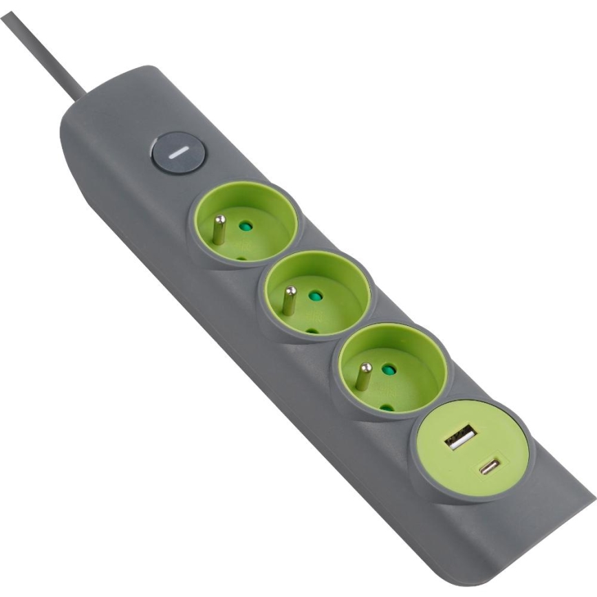 Retlux - Podaljševalni kabel z vklopnim stikalom, 3 vtičnice (tip E) + 1× USB-A + 1× USB-C, 1,4 m, siva