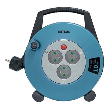 Retlux - Podaljšni kabel na kolutu 3 vtičnice, Tip E, 10 m, v modri/črni barvi