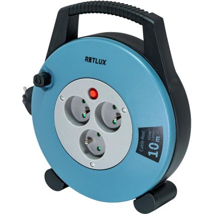 Retlux - Podaljšni kabel na kolutu 3 vtičnice, Tip E, 10 m, v modri/črni barvi