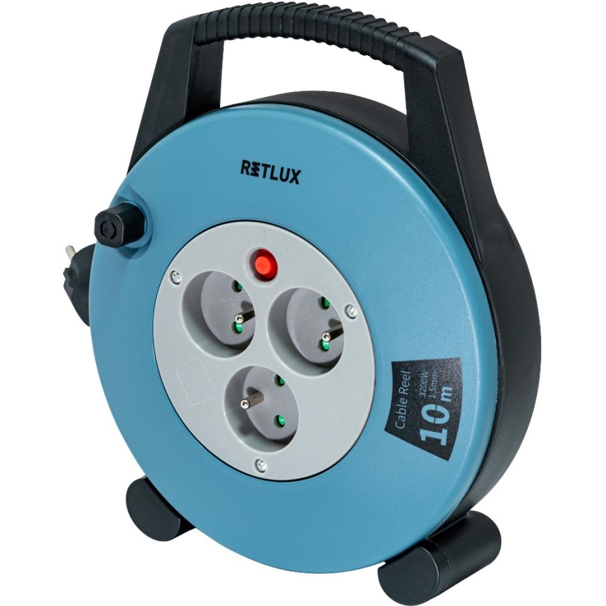 Retlux - Podaljšni kabel na kolutu 3 vtičnice, Tip E, 10 m, v modri/črni barvi