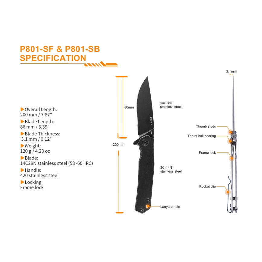 Ruike RUP801SF - Zložljiv žepni nož 20 cm srebrna
