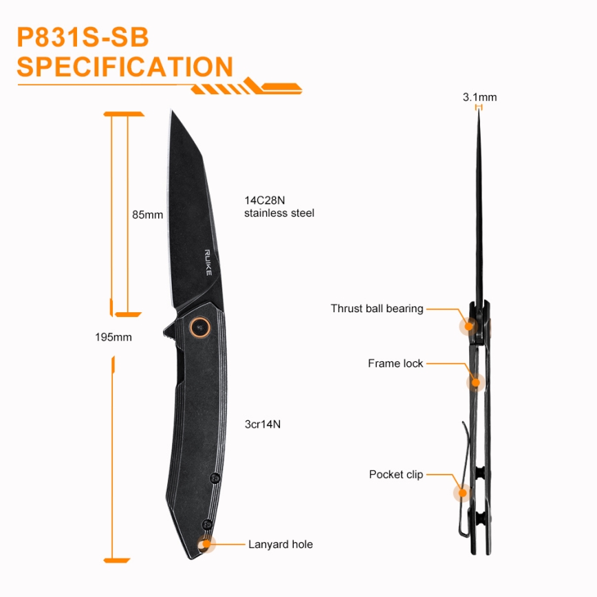 Ruike RUP831SSB - Zložljiv kompaktni nož 19,5 cm črna