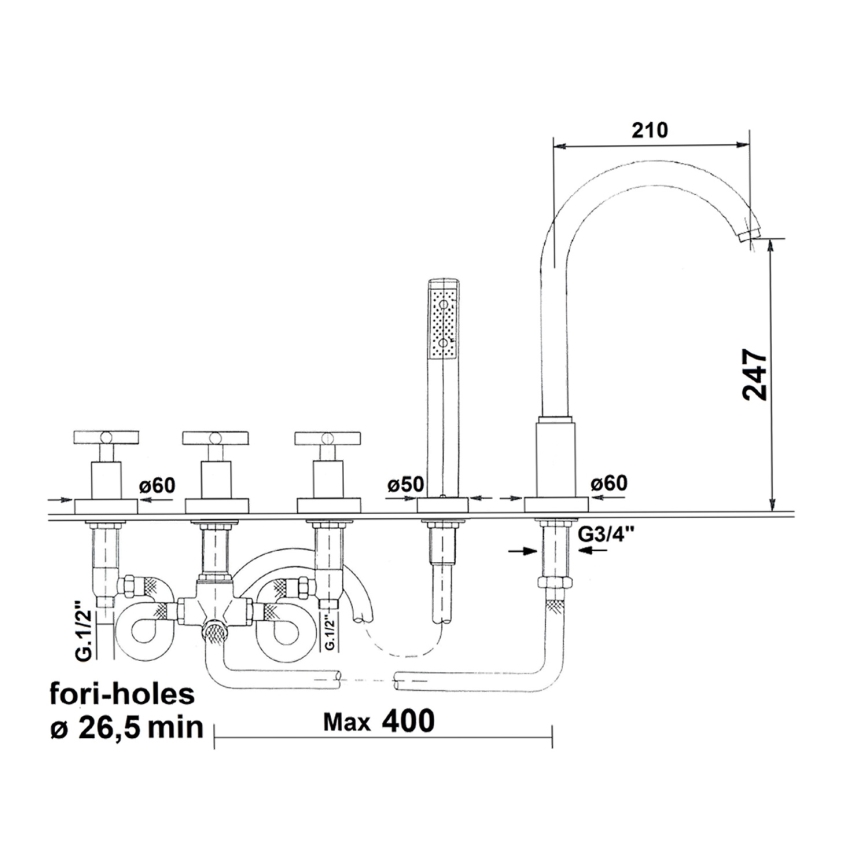 Sapho - Kadna baterija AXIA s 5 odprtinami, poliran krom