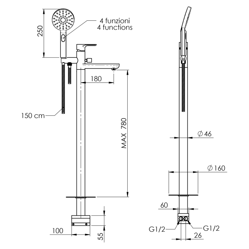 Sapho - Kopalniški komplet za kad PAX s baterijo, sijajni krom