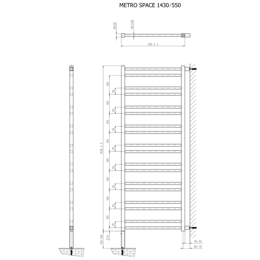 Sapho - Kopalniški radiator METRO SPACE 525W/230V 55x143 cm mat črna