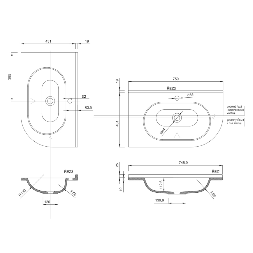 Sapho - Kotni vgradni umivalnik PULSE 75x43 cm marmor/bela