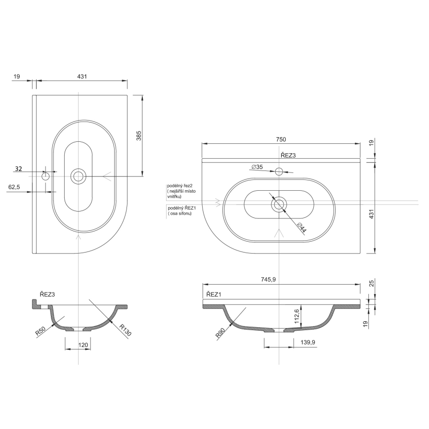 Sapho - Kotni vgradni umivalnik PULSE 75x43 cm marmor/bela
