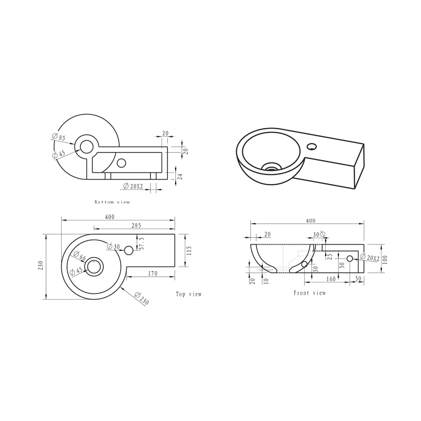 Sapho - Kotni viseči umivalnik BLOK 40x23 cm desni/antracit