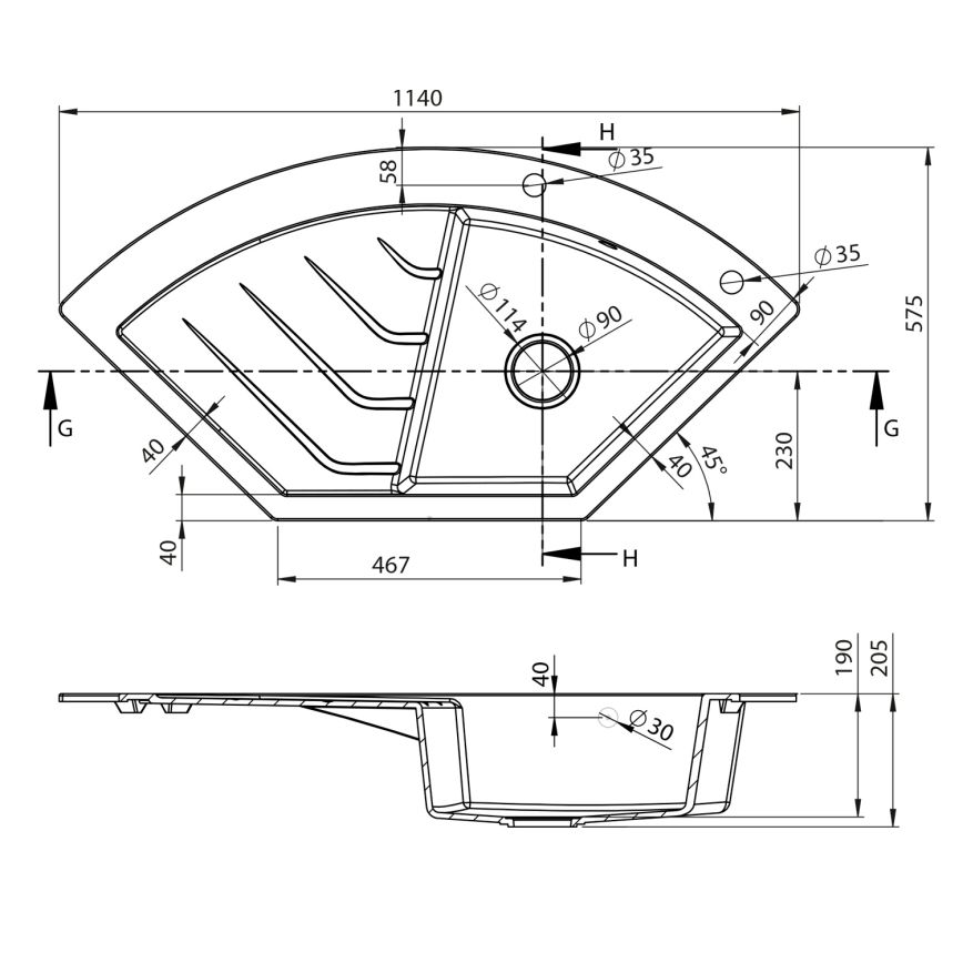 Sapho - Kotno kuhinjsko korito 114x57,5 cm granit/črna