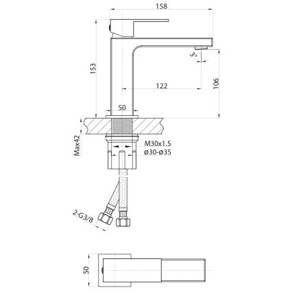 Sapho - Pipa za umivalnik CUBEMIX 15 cm v matni zlati barvi