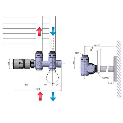 Sapho - Termostatski priključni komplet za sredinski priključek TWIN COMBI, levi / matirano nerjavno jeklo