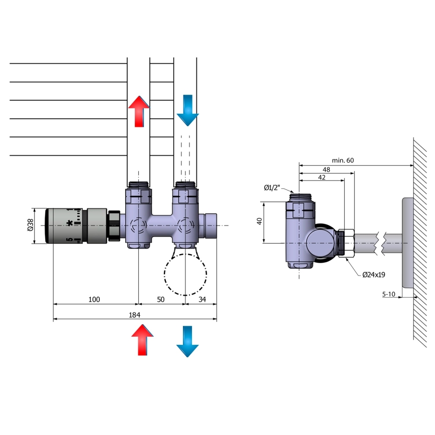 Sapho - Termostatski priključni komplet za sredinski priklop TWIN COMBI levi/sijajni krom