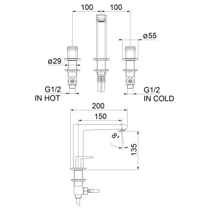Sapho - Umivalniška baterija za 3 odprtine TURSI, sijajni krom