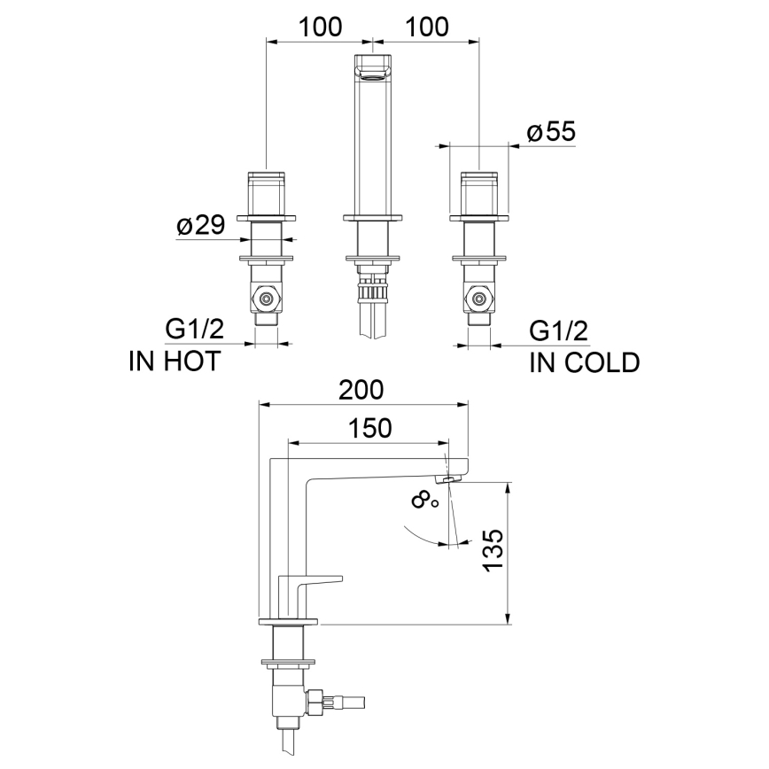Sapho - Umivalniška baterija za 3 odprtine TURSI, sijajni krom
