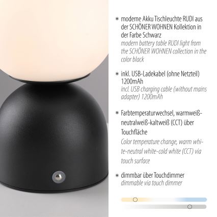 Schöner Wohnen 19218-18 - LED na dotik z nastavljivo svetlostjo, polnilna namizna svetilka RUDI LED/1,2W/5V 3000-6000K 1200 mAh črna