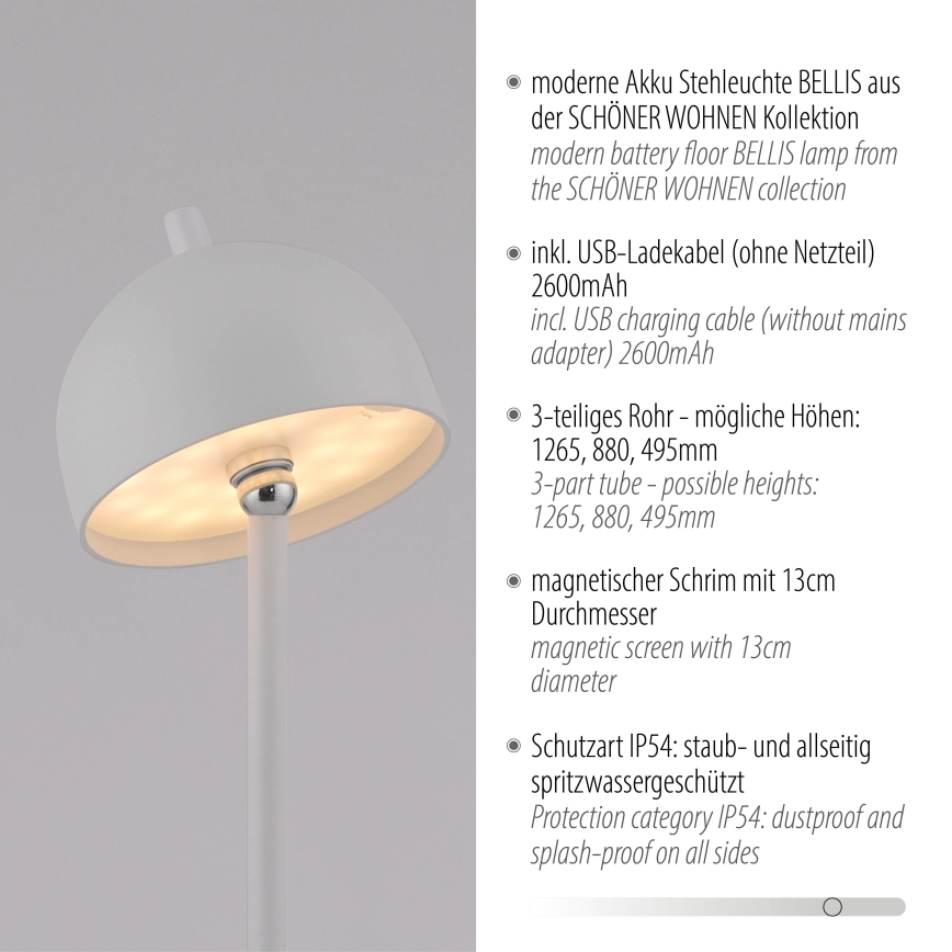 Schöner Wohnen 19245-16 - LED zatemnjevalna, na dotik upravljana polnilna zunanja stoječa svetilka BELLIS LED/2,5W/5V 2600 mAh IP54 bela