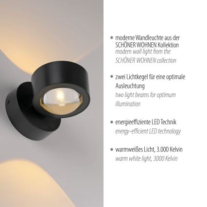Schöner Wohnen 19331-18 - LED stenska svetilka CHIA 2xLED/2W/230V črna