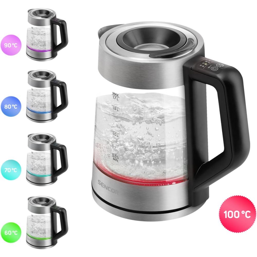 Sencor - Električni kuhalnik vode s termoregulacijo 1,7 l 2200W/230V mat krom/črna