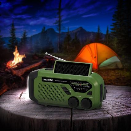 Sencor - Kampiranje radio s solarnim panelom in LED Baterijska svetilka s kaveljčkom in magnetom 5V/2000 mAh IPX4 zelena