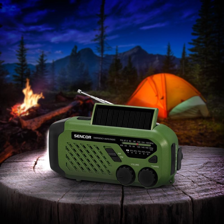 Sencor - Kampiranje radio s solarnim panelom in LED Baterijska svetilka s kaveljčkom in magnetom 5V/2000 mAh IPX4 zelena