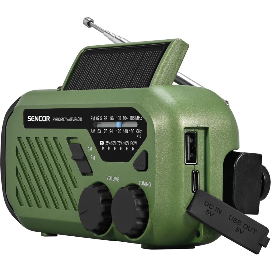 Sencor - Kampiranje radio s solarnim panelom in LED Baterijska svetilka s kaveljčkom in magnetom 5V/2000 mAh IPX4 zelena