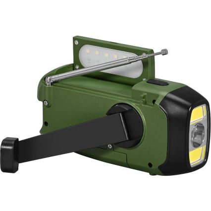 Sencor - Kampiranje radio s solarnim panelom in LED Baterijska svetilka s kaveljčkom in magnetom 5V/2000 mAh IPX4 zelena