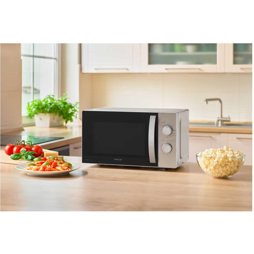 Sencor - Mikrovalovna pečica z funkcijo žara 700W/1000W/230V 20 l mat krom