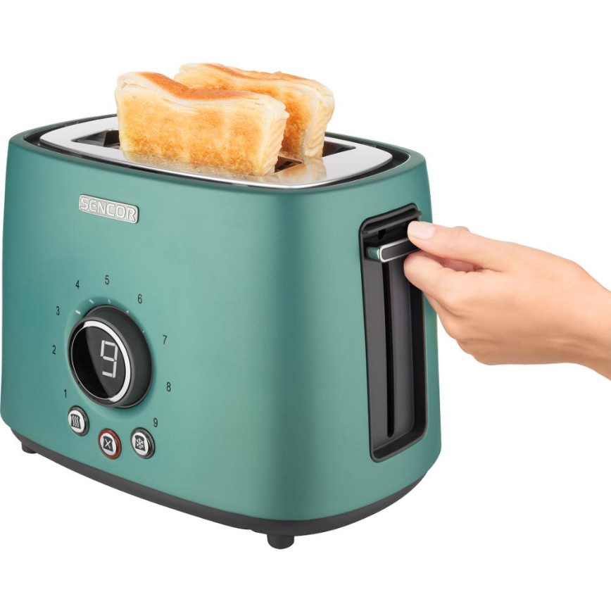 Sencor - Opekač kruha z dvema režama in rešetko za pogrevanje 1000W/230V mint zelene barve