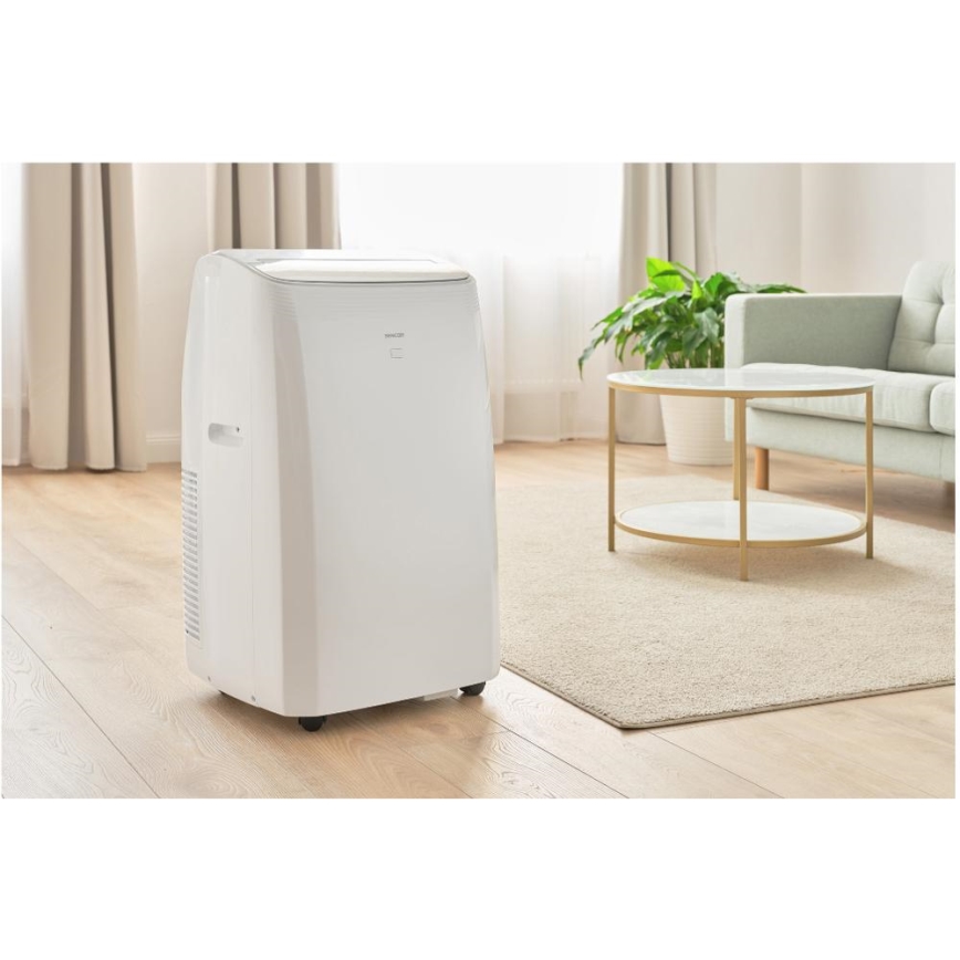 Sencor - Pametna prenosna klimatska naprava 5 v 1 vključno s celotnim priborom, 733 W/230 V, 9000 BTU, Wi‑Fi, bela + daljinski upravljalnik