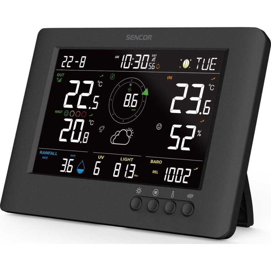 Sencor - Profesionalna vremenska postaja z barvitim LCD zaslonom in budilka 5V/1xCR2032 + 3xAA