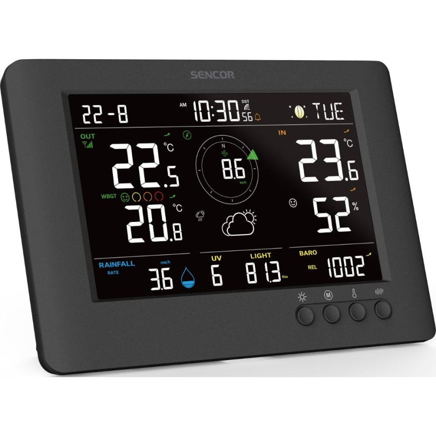 Sencor - Profesionalna vremenska postaja z barvitim LCD zaslonom in budilka 5V/1xCR2032 + 3xAA