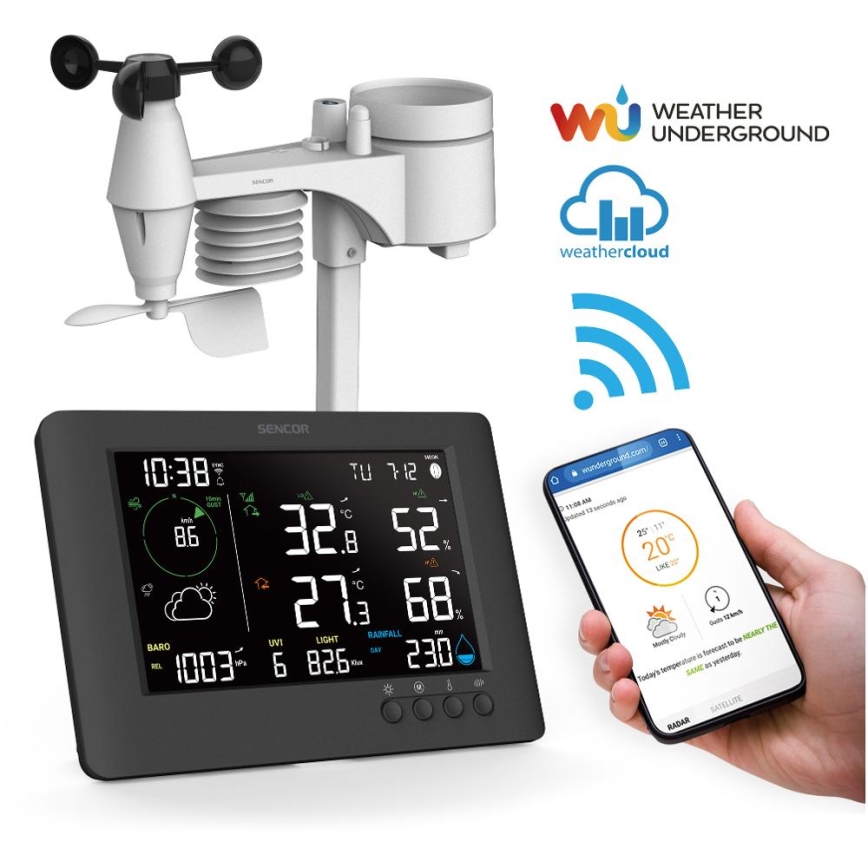 Sencor - Profesionalna vremenska postaja z barvitim LCD zaslonom in budilka 5V/1xCR2032 + 3xAA Wi-Fi