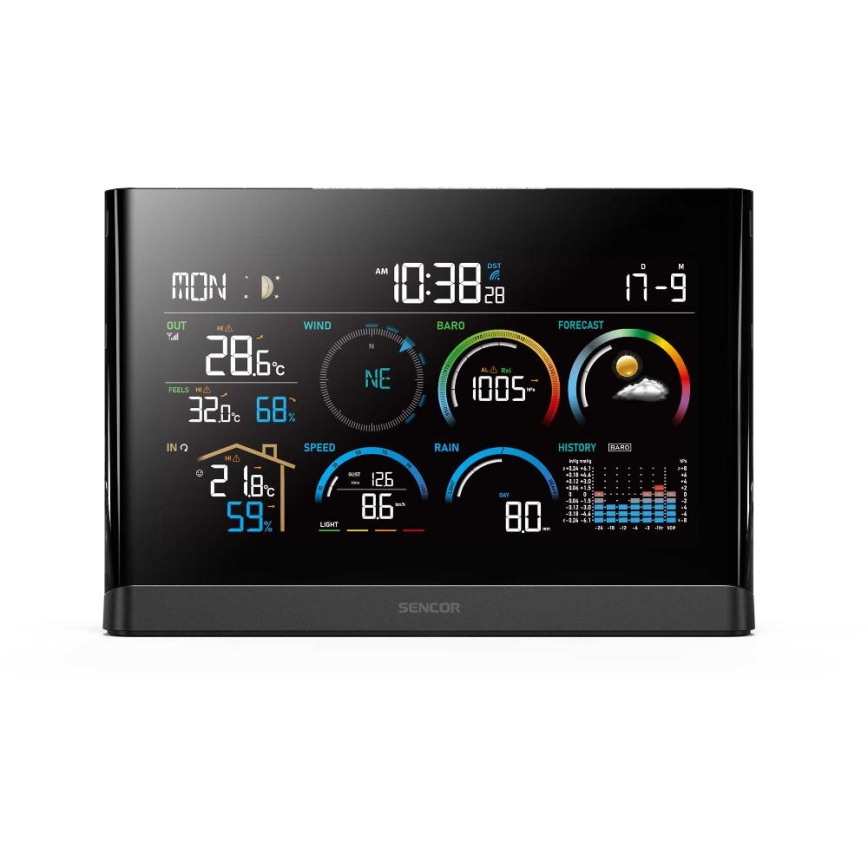 Sencor - Profesionalna vremenska postaja z barvnim LCD-zaslonom in alarmom 5V/3xAAA + 3xAA